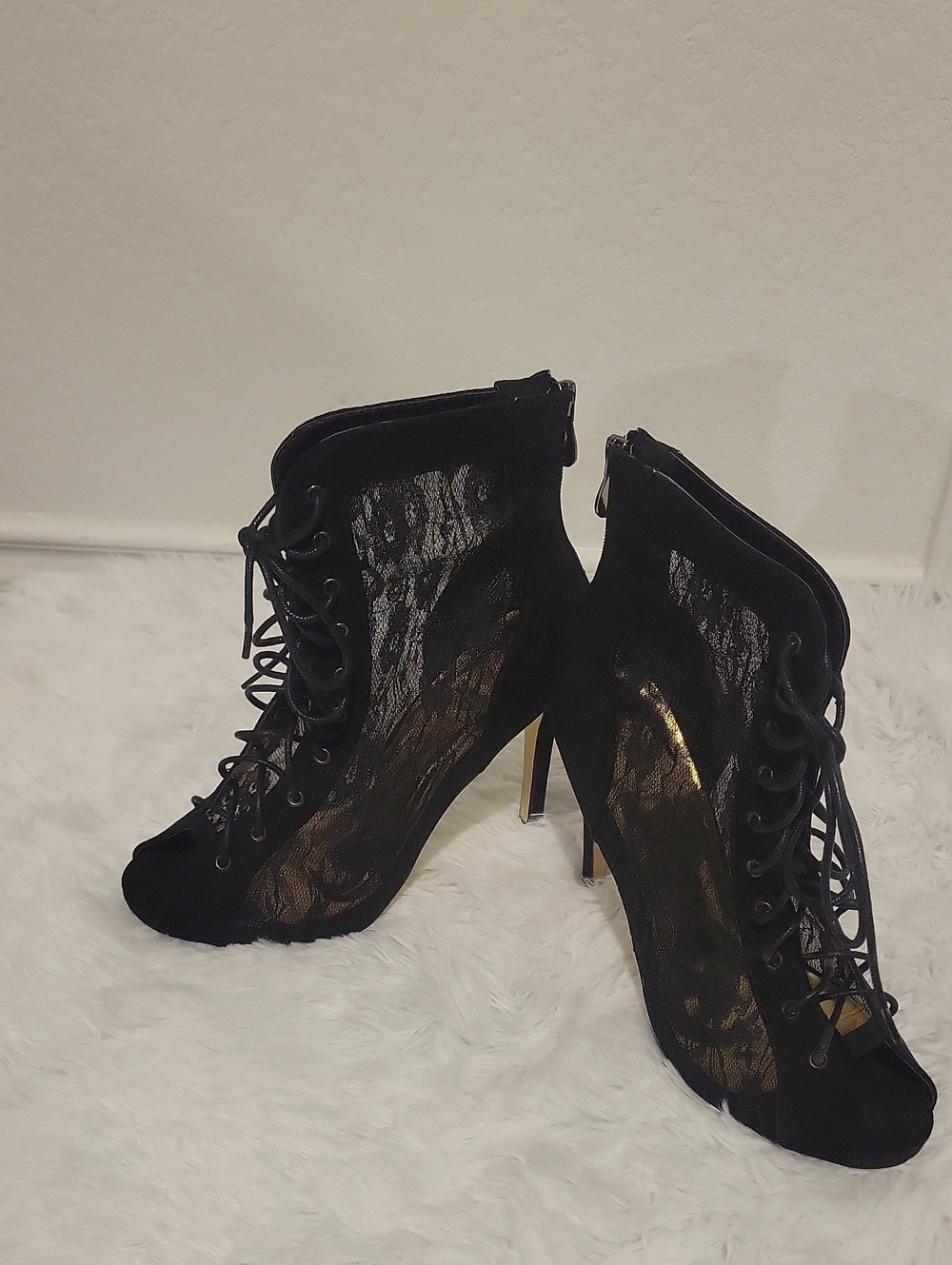 Cape Robbin Black Lace-Up Sheer Stiletto Ankle Boots